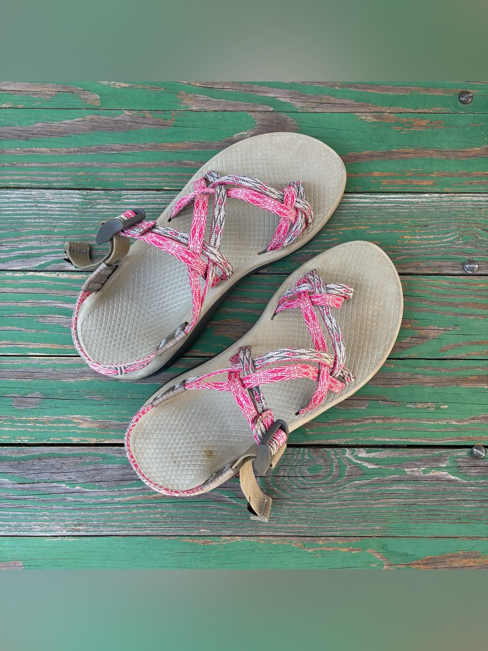 Chaco ZX2 Classic Sandal Women Sz 7 Double Strap Pink Gray Toe Ring Shoes